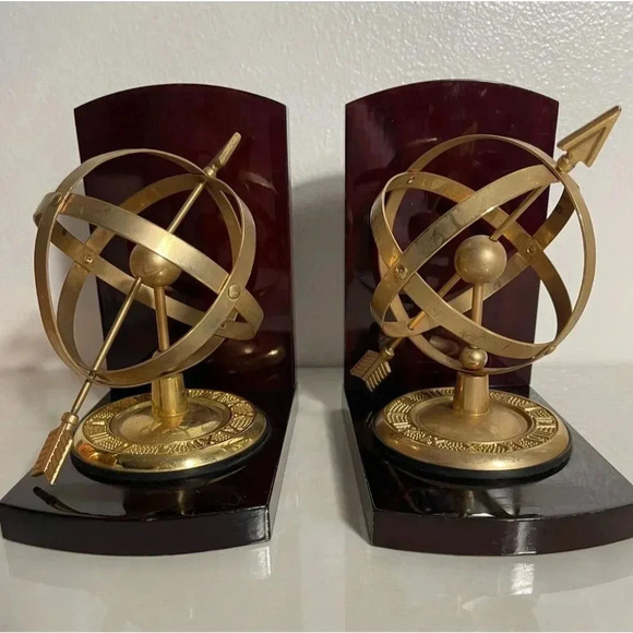 Heavy Vintage Pair Bookends Armillary Spheres Brass Brushed Metal Library Decor